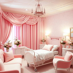 A coquette-themed hospital delivery room decorated in soft pink hues