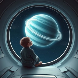 A captivating scene of a young boy sitting inside a futuristic spaceship, gazing out of a large viewport at the majestic planet Uranus