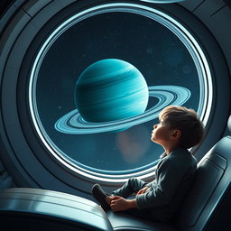 A captivating scene of a young boy sitting inside a futuristic spaceship, gazing out of a large viewport at the majestic planet Uranus