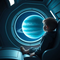 A captivating scene of a young boy sitting inside a futuristic spaceship, gazing out of a large viewport at the majestic planet Uranus