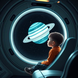 A captivating scene of a young boy sitting inside a futuristic spaceship, gazing out of a large viewport at the majestic planet Uranus