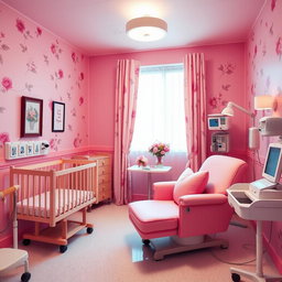 A vibrant and stylish hospital labor room designed in a coquette style, featuring soft pink walls adorned with elegant floral patterns