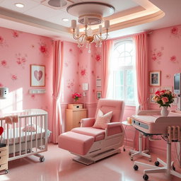 A vibrant and stylish hospital labor room designed in a coquette style, featuring soft pink walls adorned with elegant floral patterns