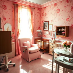 A vibrant and stylish hospital labor room designed in a coquette style, featuring soft pink walls adorned with elegant floral patterns
