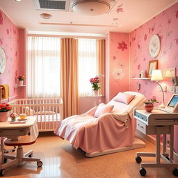 A vibrant and stylish hospital labor room designed in a coquette style, featuring soft pink walls adorned with elegant floral patterns