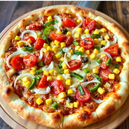 A mouthwatering pizza loaded with crunchy onions, fresh tomatoes, sweet corn, and vibrant green capsicum, all layered under a generous topping of gooey cheese that melts beautifully