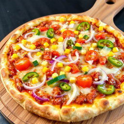 A mouthwatering pizza loaded with crunchy onions, fresh tomatoes, sweet corn, and vibrant green capsicum, all layered under a generous topping of gooey cheese that melts beautifully