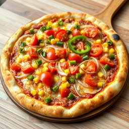 A mouthwatering pizza loaded with crunchy onions, fresh tomatoes, sweet corn, and vibrant green capsicum, all layered under a generous topping of gooey cheese that melts beautifully