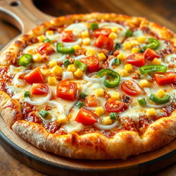A mouthwatering pizza loaded with crunchy onions, fresh tomatoes, sweet corn, and vibrant green capsicum, all layered under a generous topping of gooey cheese that melts beautifully
