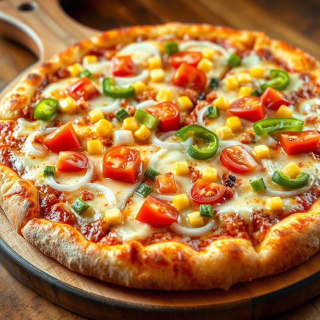 A mouthwatering pizza loaded with crunchy onions, fresh tomatoes, sweet corn, and vibrant green capsicum, all layered under a generous topping of gooey cheese that melts beautifully