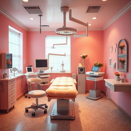 A whimsical and stylish operating room designed with a coquette aesthetic