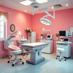A whimsical and stylish operating room designed with a coquette aesthetic