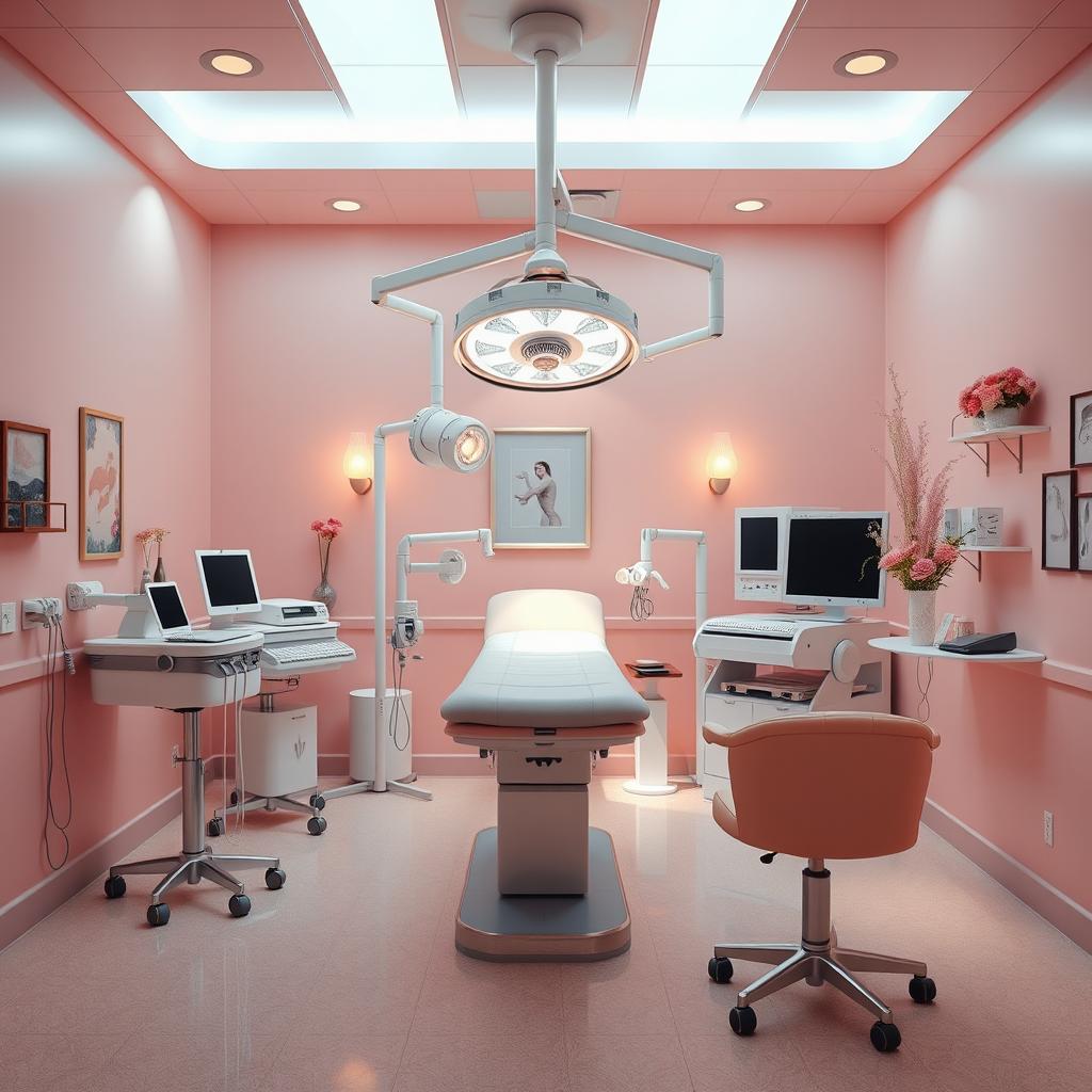 A whimsical and stylish operating room designed with a coquette aesthetic