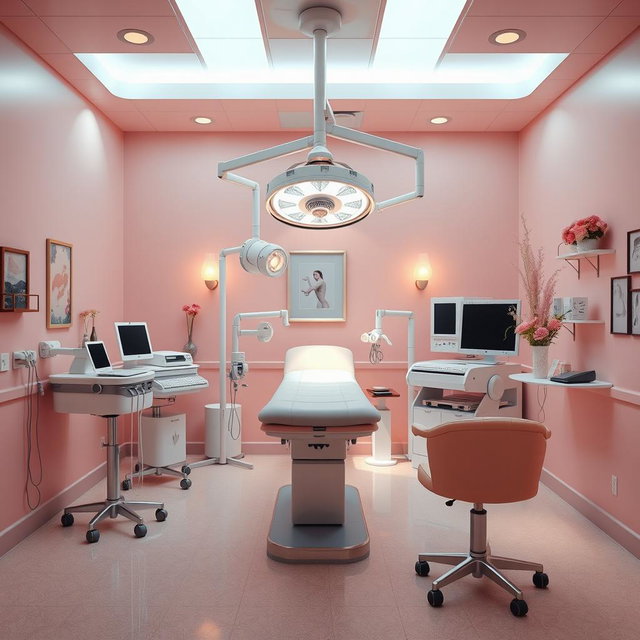 A whimsical and stylish operating room designed with a coquette aesthetic
