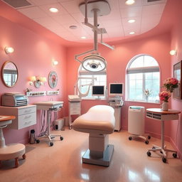 A whimsical and stylish operating room designed with a coquette aesthetic