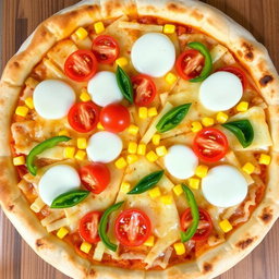 An appetizing pizza adorned with sweet corn and juicy tomatoes, elegantly paired with fresh green capsicum