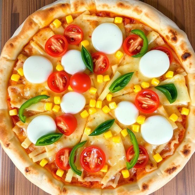 An appetizing pizza adorned with sweet corn and juicy tomatoes, elegantly paired with fresh green capsicum