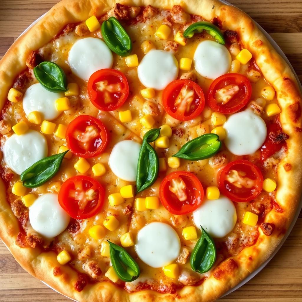 An appetizing pizza adorned with sweet corn and juicy tomatoes, elegantly paired with fresh green capsicum