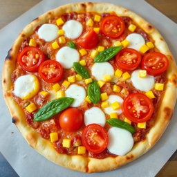 An appetizing pizza adorned with sweet corn and juicy tomatoes, elegantly paired with fresh green capsicum