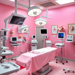 A vibrant and stylish operating room with a coquette theme, featuring pastel pink walls and decor