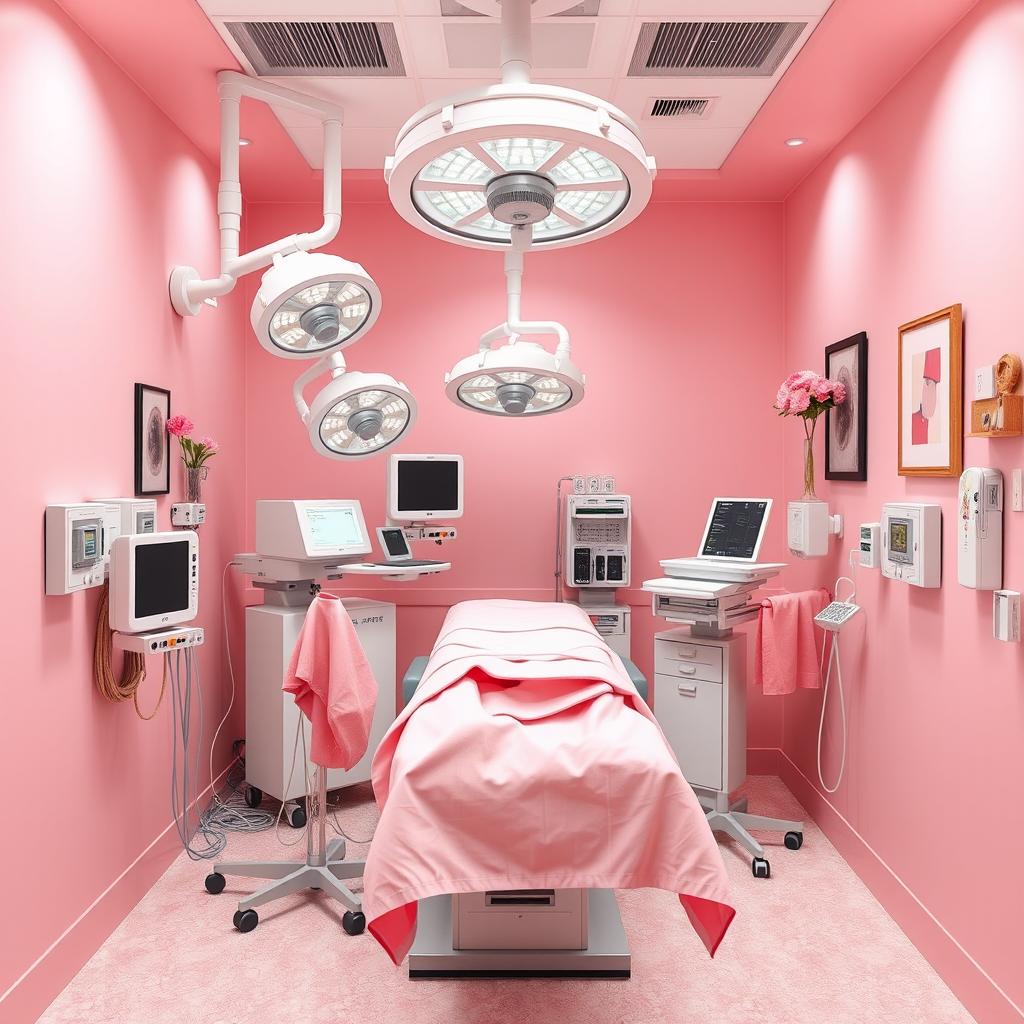 A vibrant and stylish operating room with a coquette theme, featuring pastel pink walls and decor
