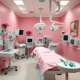 A vibrant and stylish operating room with a coquette theme, featuring pastel pink walls and decor