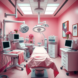 A vibrant and stylish operating room with a coquette theme, featuring pastel pink walls and decor