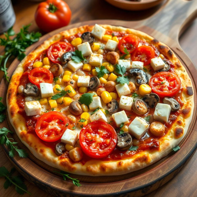 A tantalizing pizza showcasing juicy tomatoes, vibrant sweet corn, freshly sliced mushrooms, colorful capsicum pieces, and delicious paneer cubes, all harmoniously layered on a crispy, cheesy crust