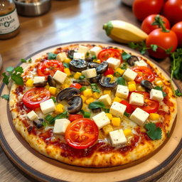 A tantalizing pizza showcasing juicy tomatoes, vibrant sweet corn, freshly sliced mushrooms, colorful capsicum pieces, and delicious paneer cubes, all harmoniously layered on a crispy, cheesy crust