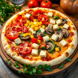 A tantalizing pizza showcasing juicy tomatoes, vibrant sweet corn, freshly sliced mushrooms, colorful capsicum pieces, and delicious paneer cubes, all harmoniously layered on a crispy, cheesy crust
