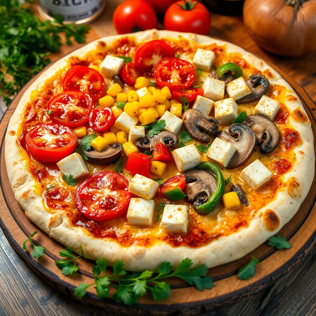A tantalizing pizza showcasing juicy tomatoes, vibrant sweet corn, freshly sliced mushrooms, colorful capsicum pieces, and delicious paneer cubes, all harmoniously layered on a crispy, cheesy crust
