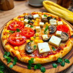 A tantalizing pizza showcasing juicy tomatoes, vibrant sweet corn, freshly sliced mushrooms, colorful capsicum pieces, and delicious paneer cubes, all harmoniously layered on a crispy, cheesy crust