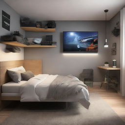 A small, efficiently organized room that combines sleeping and gaming functionalities. Contains a compact, comfortable bed, advanced gaming gear, a wall-mounted TV, and strategic LED lighting, with a minimalistic feel.