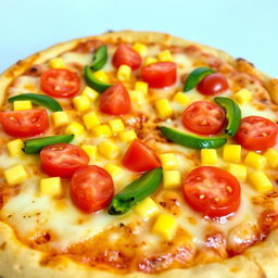 A delectable pizza featuring sweet corn and juicy tomatoes, artfully paired with fresh green capsicum