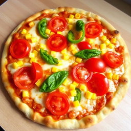 A delectable pizza featuring sweet corn and juicy tomatoes, artfully paired with fresh green capsicum