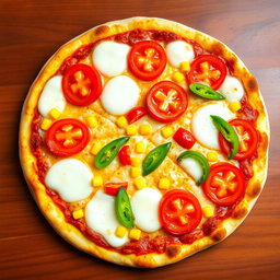 A delectable pizza featuring sweet corn and juicy tomatoes, artfully paired with fresh green capsicum