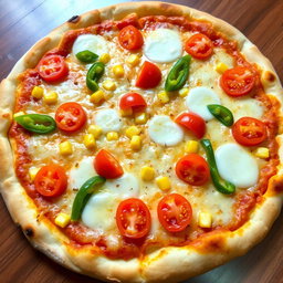 A delectable pizza featuring sweet corn and juicy tomatoes, artfully paired with fresh green capsicum