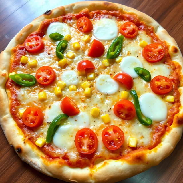 A delectable pizza featuring sweet corn and juicy tomatoes, artfully paired with fresh green capsicum