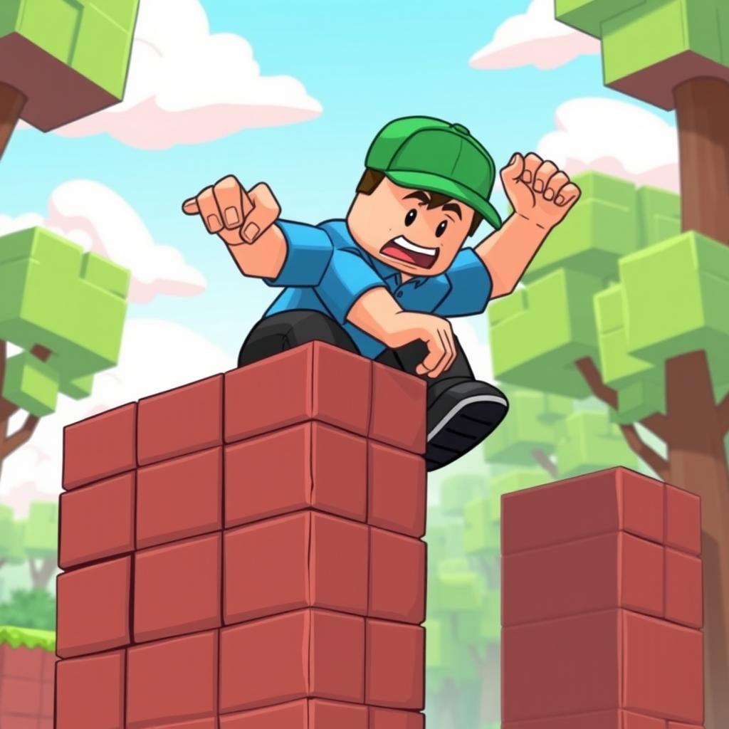 A cartoonish scene of a Roblox noob character wearing a classic blue shirt and green cap, comically attempting to climb over a tall, blocky wall
