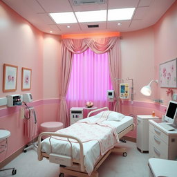 A stylish and charming delivery room in a hospital, adorned with pink decor and soft lighting
