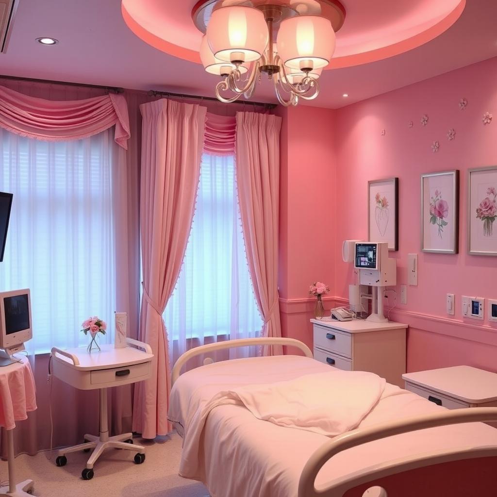 A stylish and charming delivery room in a hospital, adorned with pink decor and soft lighting