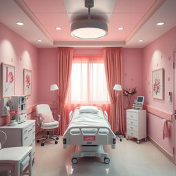 A stylish and charming delivery room in a hospital, adorned with pink decor and soft lighting