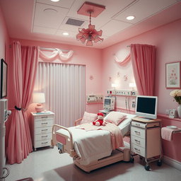 A stylish and charming delivery room in a hospital, adorned with pink decor and soft lighting