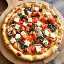 A rich and creamy pizza adorned with a delectable mix of sliced onions, ripe tomatoes, tender mushrooms, and soft paneer cubes