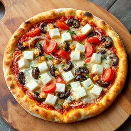 A rich and creamy pizza adorned with a delectable mix of sliced onions, ripe tomatoes, tender mushrooms, and soft paneer cubes