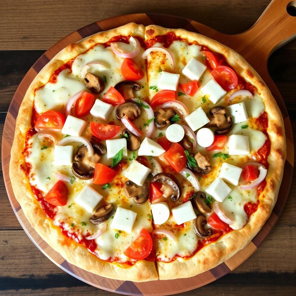A rich and creamy pizza adorned with a delectable mix of sliced onions, ripe tomatoes, tender mushrooms, and soft paneer cubes