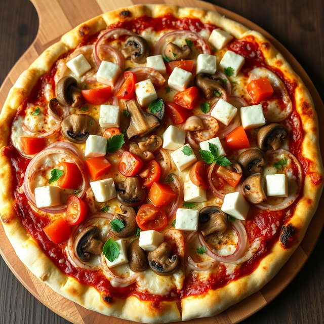 A rich and creamy pizza adorned with a delectable mix of sliced onions, ripe tomatoes, tender mushrooms, and soft paneer cubes