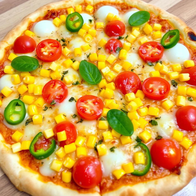 A delicious pizza showcasing an abundance of sweet corn and succulent juicy tomatoes, complemented by fresh, crunchy green capsicum