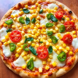 A delicious pizza showcasing an abundance of sweet corn and succulent juicy tomatoes, complemented by fresh, crunchy green capsicum