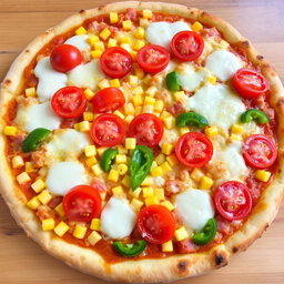 A delicious pizza showcasing an abundance of sweet corn and succulent juicy tomatoes, complemented by fresh, crunchy green capsicum
